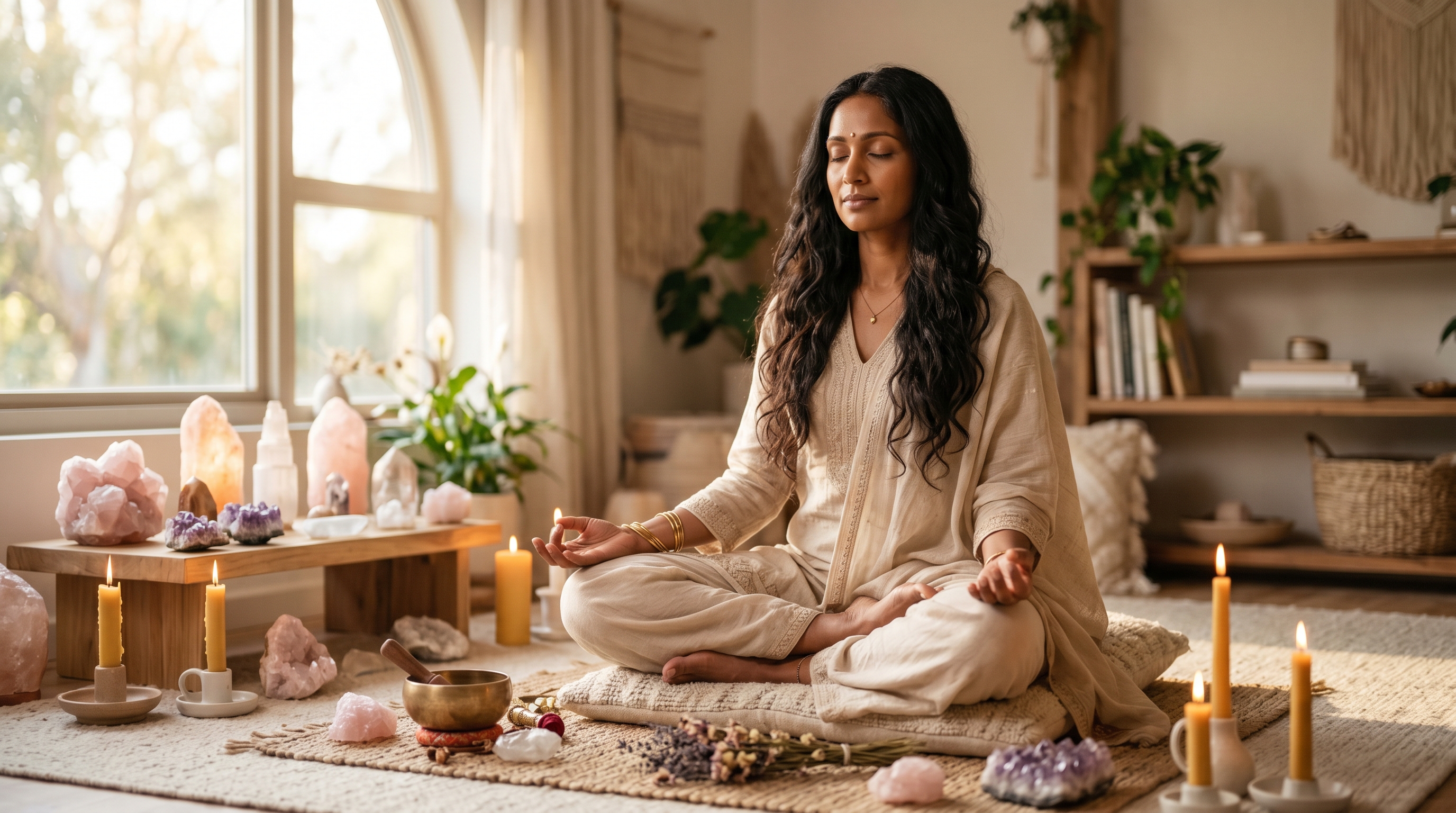 Peaceful wellness setting in soft golden light