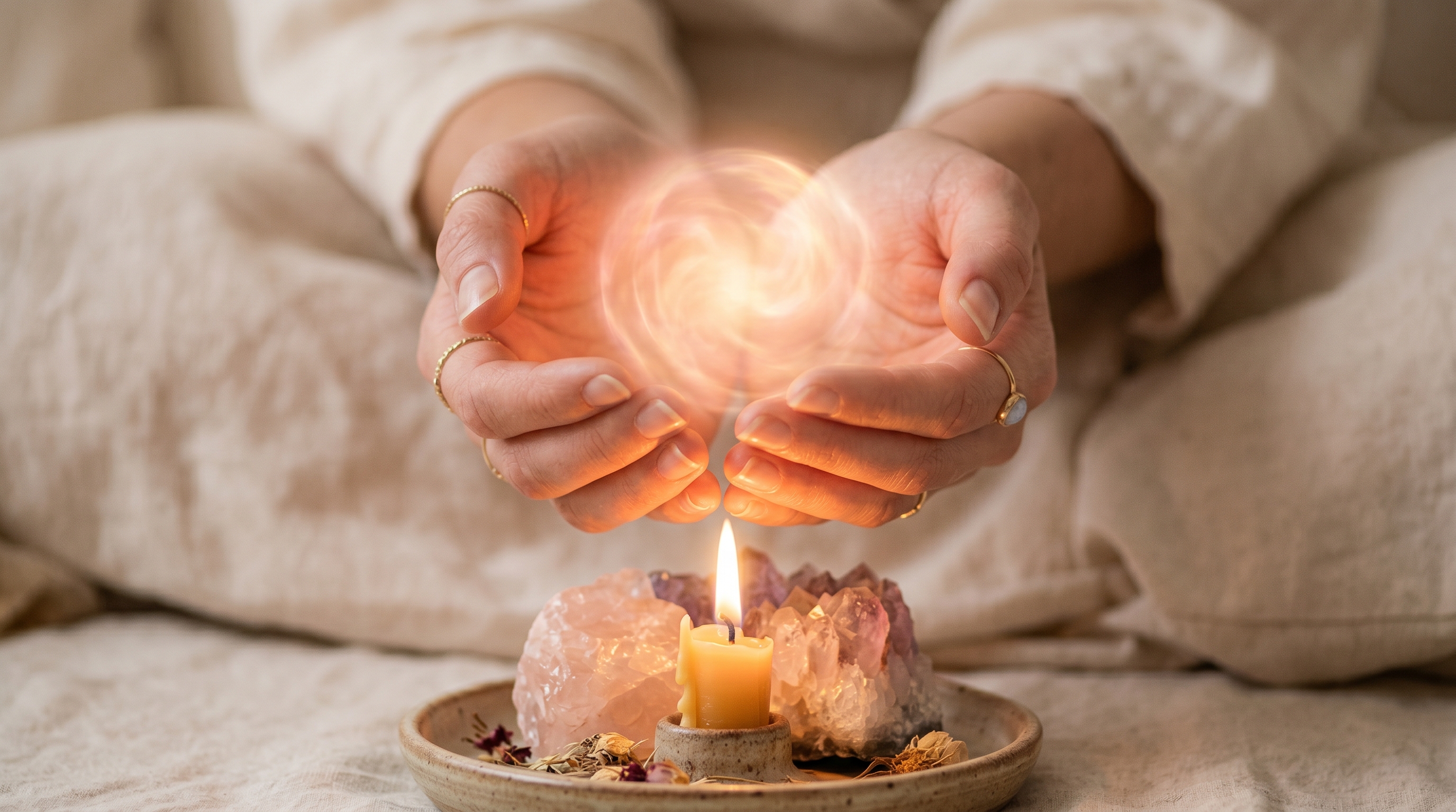 Wellness session with warm candle and crystal setting