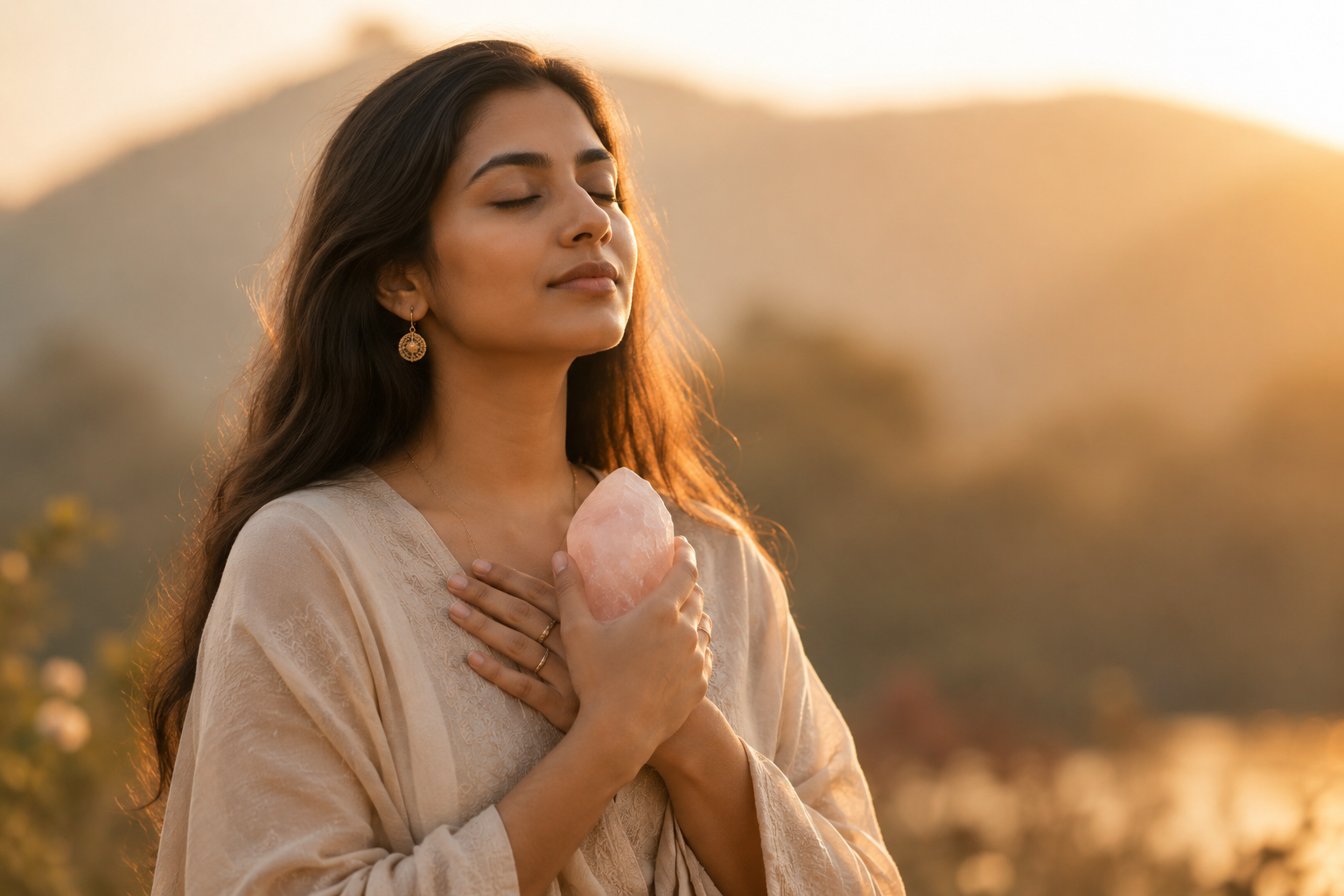 Woman in serene mindful meditation in golden light