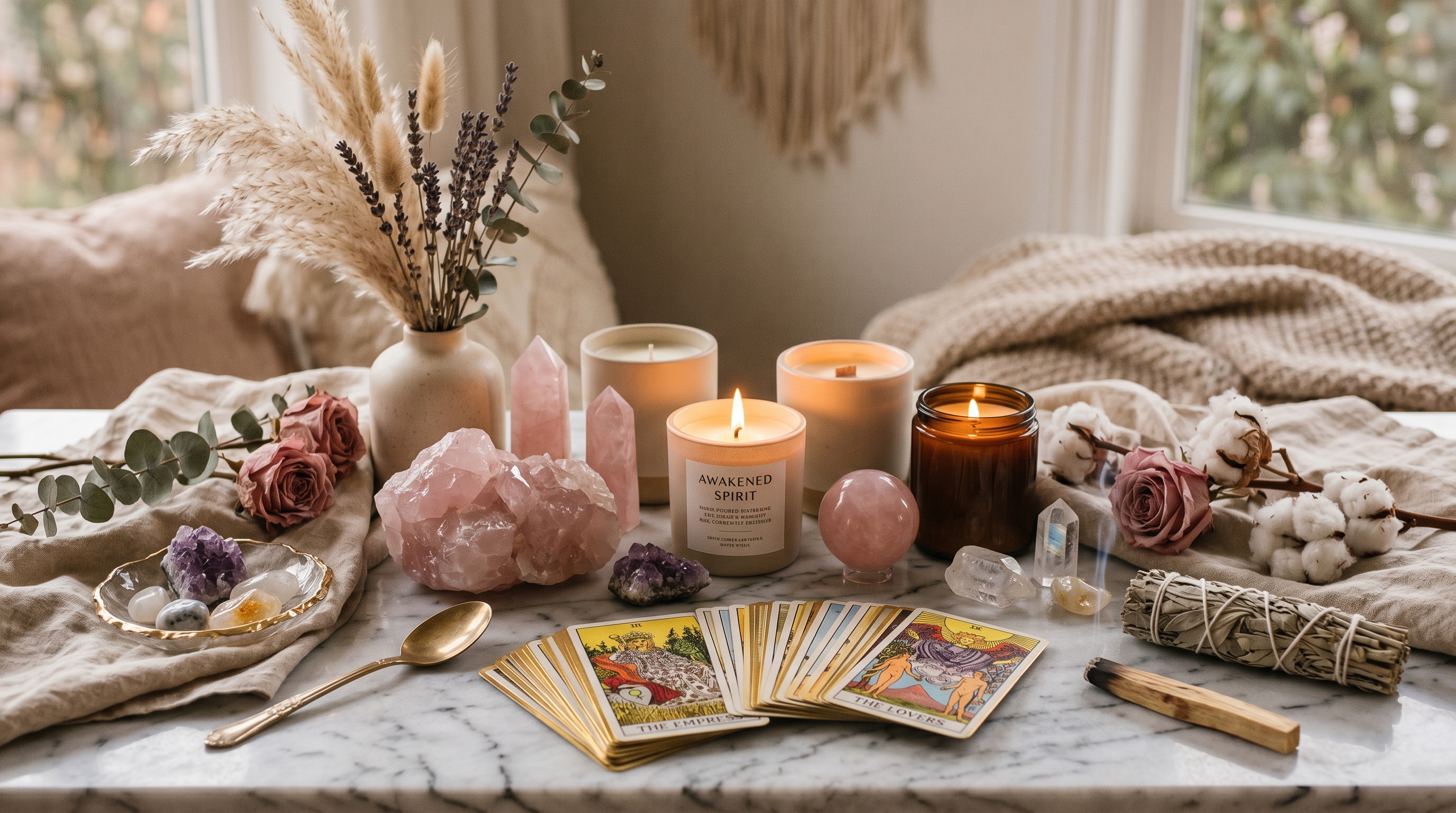 Sacred wellness space with candles and crystals
