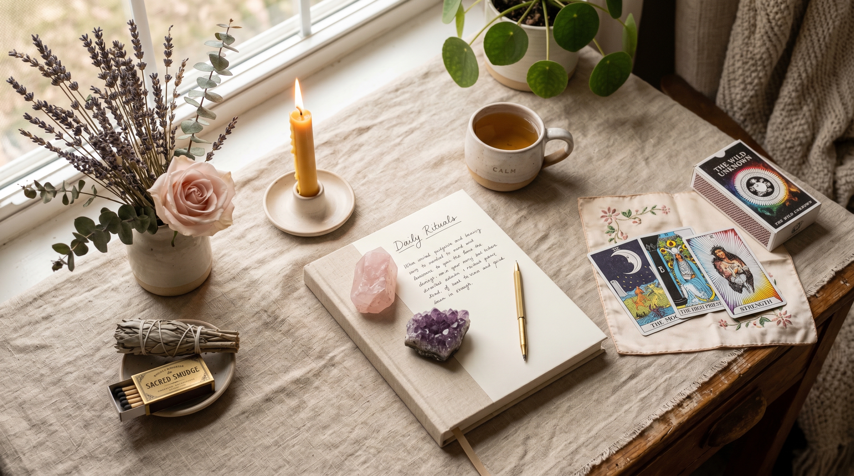 Wellness workspace with crystals and candles