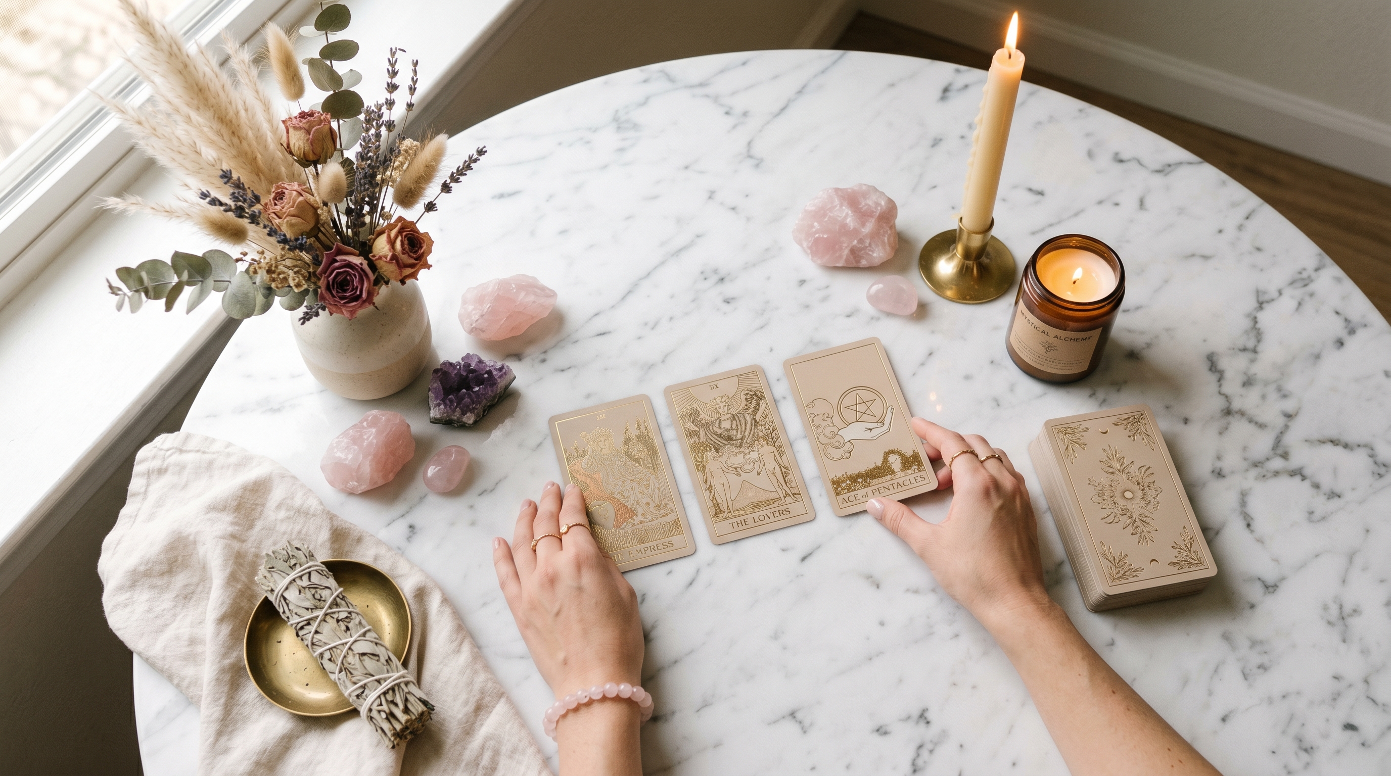 Tarot cards arranged on a warm-lit surface